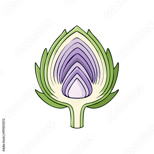 Detailed cross-section illustration of a vibrant artichoke revealing layered petals and a light purple center