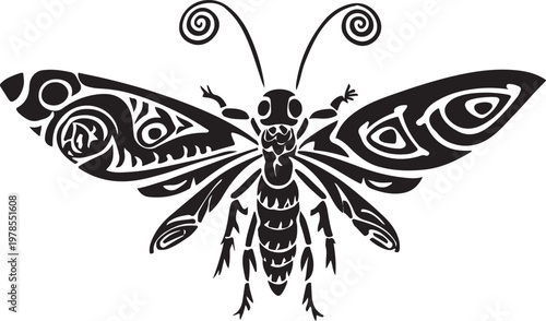 Detailed tribal tattoo style butterfly illustration with intricate patterns and swirls