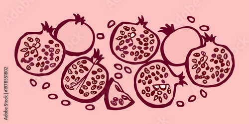 A whimsical illustration of sliced and whole pomegranates with seeds