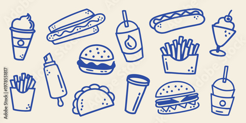 A collection of hand drawn fast food items in blue line art