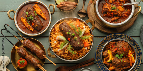 Assorted curry and kebab food photo, Indian meal bowls and skewers, spicy restaurant table background