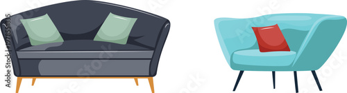 Modern living room with blue sofa and black leather armchair