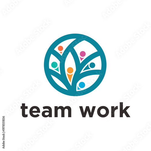 Teamwork Collaboration Logo: A vibrant, abstract logo symbolizing collaboration and unity, featuring interconnected figures within a circular frame, representing teamwork and cooperation.