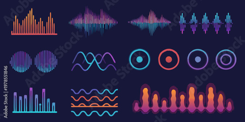 Abstract sound wave visualizations in vibrant gradients on a dark background