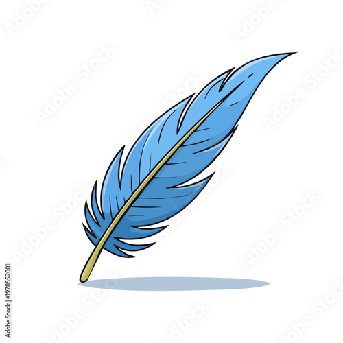 Illustration of a single elegant blue quill pen with a yellow shaft casting a subtle shadow