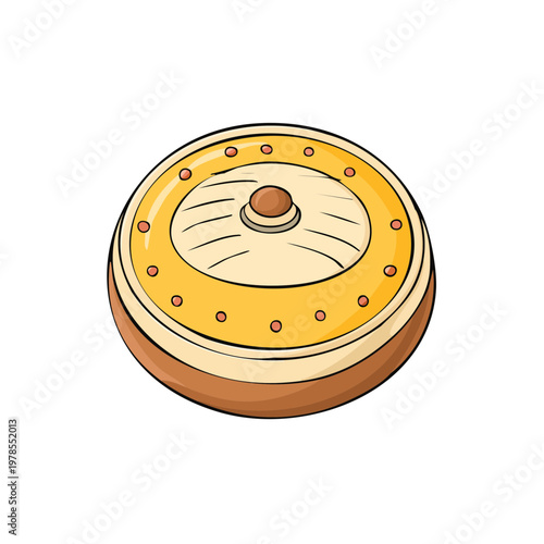 Stylized illustration of a round golden and brown decorative box with a domed lid and rim detail