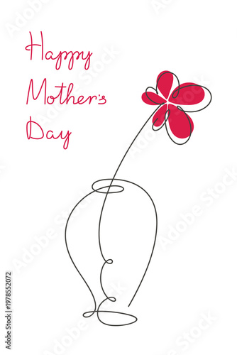 Happy Mother's Day, single line drawing of a flower in a vase greeting text, vector, holiday card. Beautiful modern minimalist design for poster, banner, card