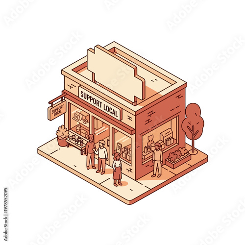 Isometric illustration of a small local shop with customers and products displayed outside.