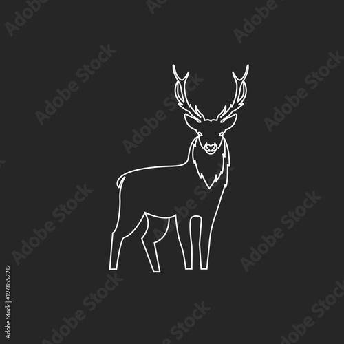 Elegant Standing Deer Outline Vector Illustration. Minimalist Line Art Stag with Antlers on Black Background.