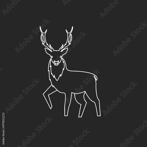 Elegant White Line Art Deer with Antlers Standing, Minimalist Outline Vector Illustration on Black Background