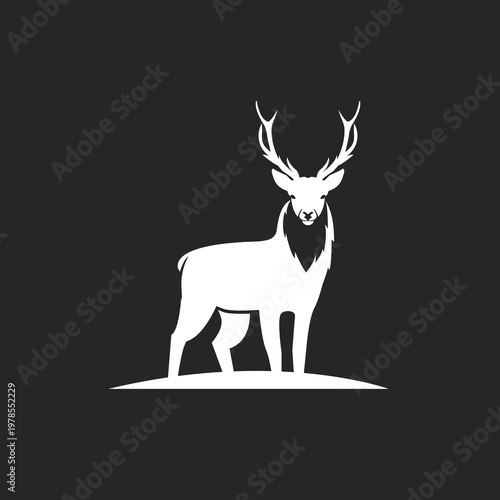 Majestic Stag Silhouette with Large Antlers on Dark Background, Elegant White Deer Vector Icon