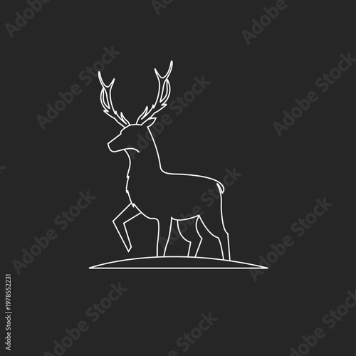 Elegant White Line Art Deer with Majestic Antlers Standing in Profile on a Dark Background