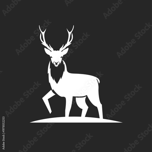 Majestic White Stag Deer Silhouette Vector Graphic with Prominent Antlers, Elegant Wildlife Illustration on Dark Background.