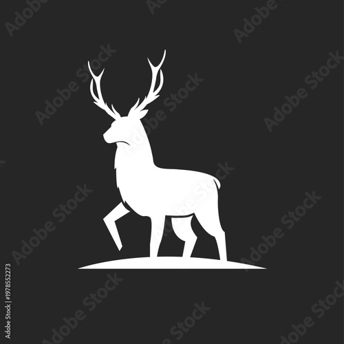 Majestic White Deer Stag Silhouette with Large Antlers Walking on Dark Background