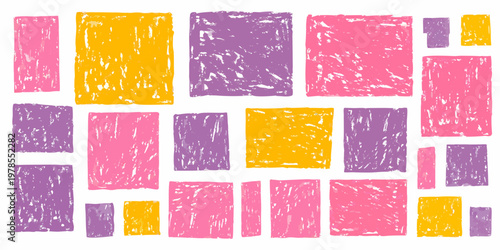 Abstract arrangement of colorful crayon style rectangular blocks on white