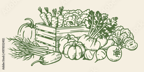 A bountiful sketch of fresh vegetables spilling from a wooden crate