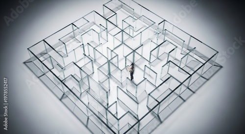 A person stands in the center of a complex glass maze with multiple paths and dead ends.