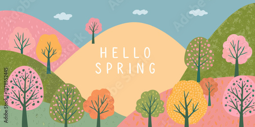 A colorful landscape illustration welcomes the arrival of springtime
