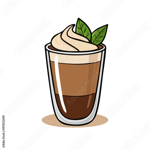 Hand drawn layered coffee drink with whipped cream and mint leaves garnish