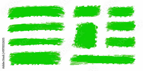 Collection of vibrant green brush strokes arranged on a white background