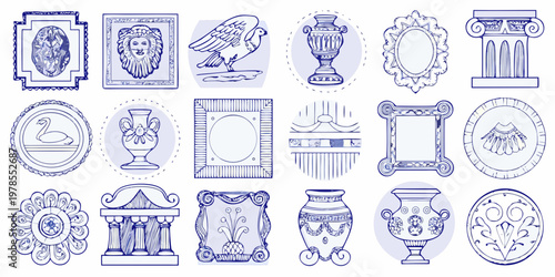 Collection of vintage blue sketch frames and decorative classical elements
