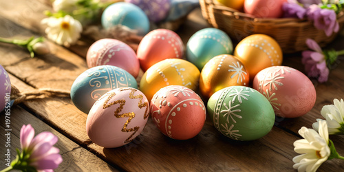 Painted Easter eggs on rustic wood photo, pastel decorated eggs with spring flowers, holiday background