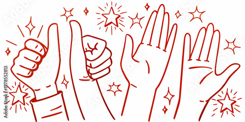 Celebratory hands giving thumbs up and pointing adorned with stars