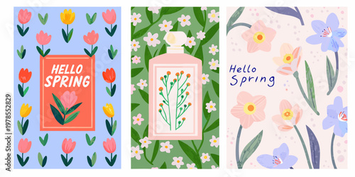 Floral spring patterns with perfume bottle and greeting messages
