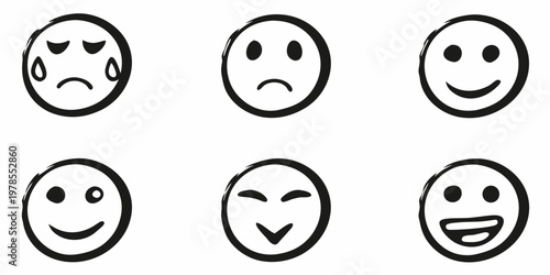 Six hand drawn black and white faces displaying different emotions