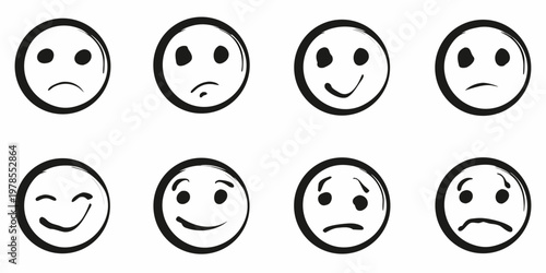 Simple black and white illustrations depicting eight different facial expressions