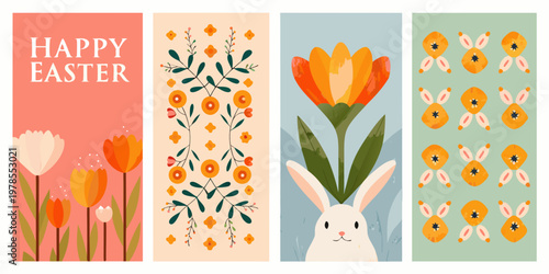 Festive easter card designs featuring flowers bunnies and colorful patterns