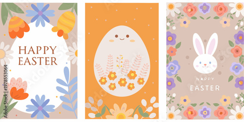 Colorful easter eggs and a bunny surrounded by floral decorations