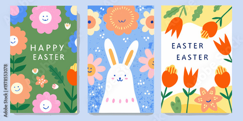 Colorful easter banners featuring flowers a bunny and cheerful greetings