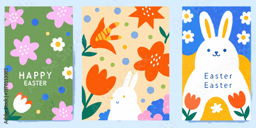 Colorful easter illustrations featuring flowers bunnies and spring motifs