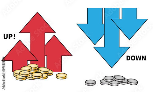 Colorful rising and falling arrows with coins