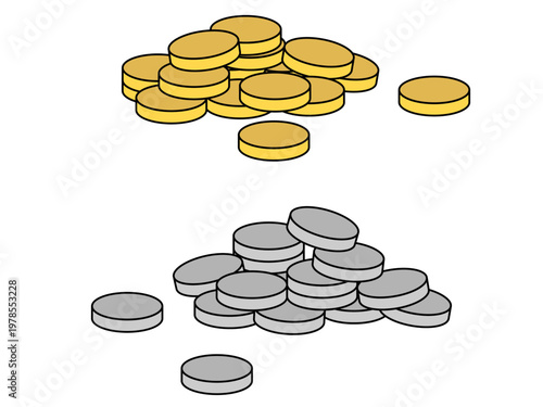 Flat vector illustration of scattered gold and silver coins.