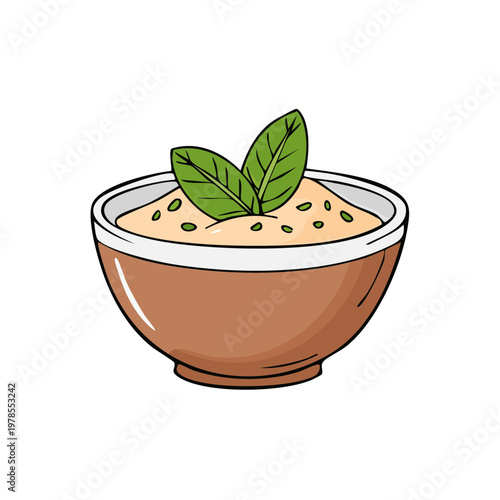 Hand drawn bowl of hummus with basil leaves and seeds for garnish