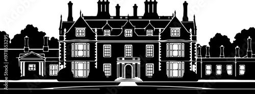 Grand English manor house silhouette vector illustration
