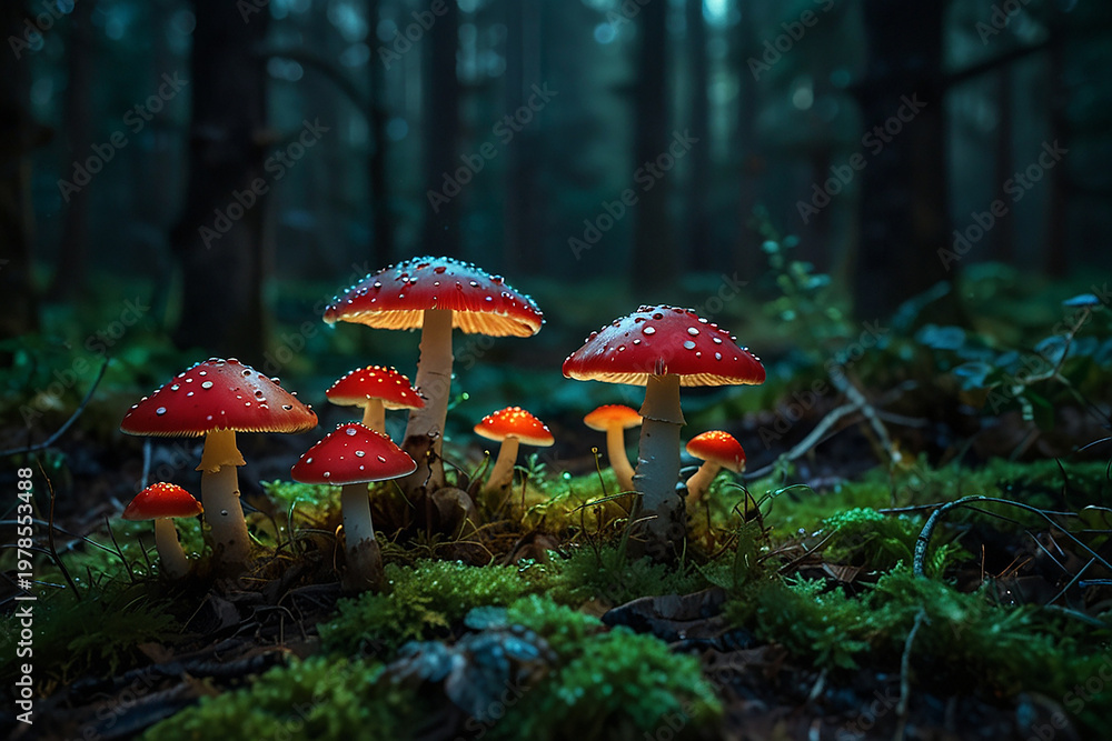 Fototapeta premium Glowing Red Mushrooms in a Dark Enchanted Forest Landscape