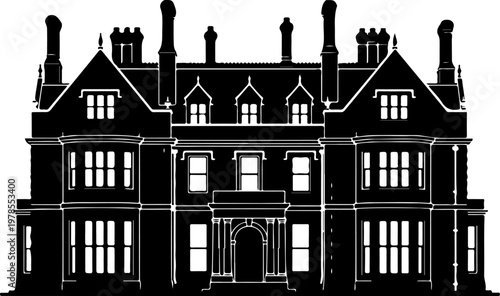 Grand English manor house silhouette vector illustration