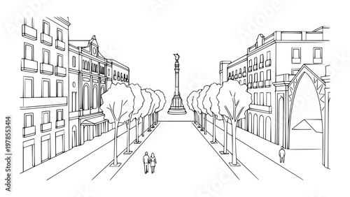 La Rambla Barcelona Line Art Boulevard Spain City Illustration
