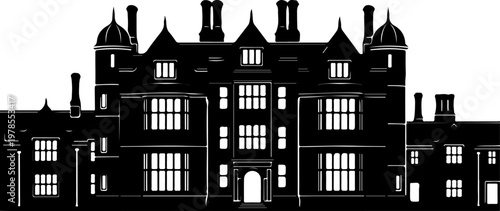 Grand English manor house silhouette vector illustration