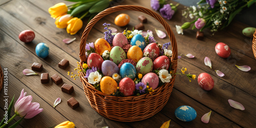Easter eggs in wicker basket photo, rustic wooden table with colorful painted eggs, spring holiday background