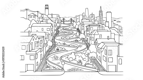 Lombard Street San Francisco Line Art Curved Road Illustration