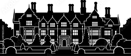 Grand English manor house silhouette vector illustration