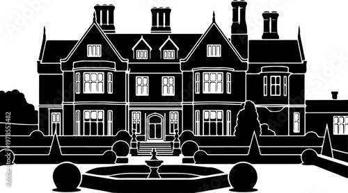 Grand English manor house silhouette vector illustration