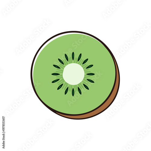 Vibrant sliced kiwi fruit illustration with green flesh and black seeds in cross section