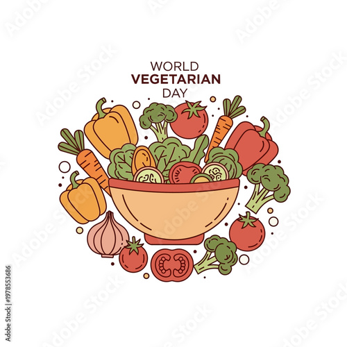 An illustration celebrating World Vegetarian Day with a bowl of fresh salad surrounded by various colorful vegetables like bell peppers, carrots, tomatoes, and broccoli.