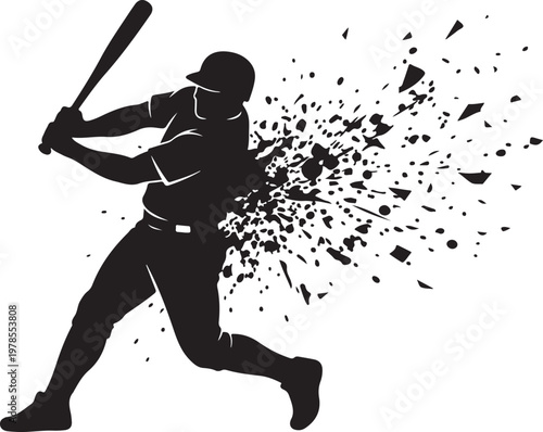Silhouette of a baseball player swinging a bat with an explosive effect behind him