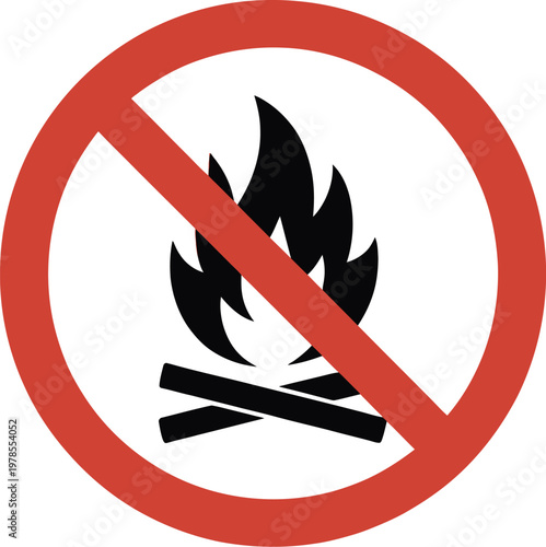 No fire bonfire sign, prohibition safety symbol showing restricted open flames campfire warning icon for outdoor safety and fire prevention signage design.
